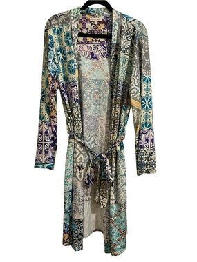 Johnny Was Tile-Print Robe in Teal Purple & Cream Pima Cotton Modal Size
